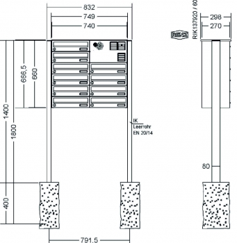 RENZ Briefkastenanlage freistehend, Basic B, Edelstahl V4A, Kastenformat 370x110x270mm, mit Klingel - & Lichttaster und Vorbereitung Gegensprechanlage, 10-teilig, zum Einbetonieren